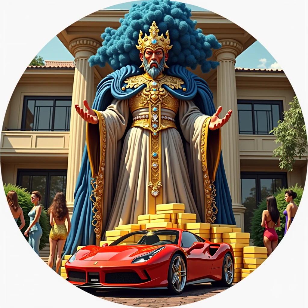 CREATE AN ULTRAREALISTIC IMAGE WITH A BEAUTIFUL RED FERRARI PARKED NEXT TO GOLD BARS AND OPEN SUITCASES WITH DOLLARS INSIDE, IN THE BACKGROUND A BEAUTIFUL MANSION WITH WOMEN AND NEXT TO THE FERRARI A WIZARD IN BLUE CLOTHES AND FULL OF JEWELS AS PER THE MAGIC OF THE TIP, PERFECT WIZARD HANDS WITH 5 FINGERS, EA FERRARI BIG, real life size, AND THE MODERN MANSION, MODERN ARCHITECTURE WITH BEAUTIFUL WOMEN IN THE FRONT