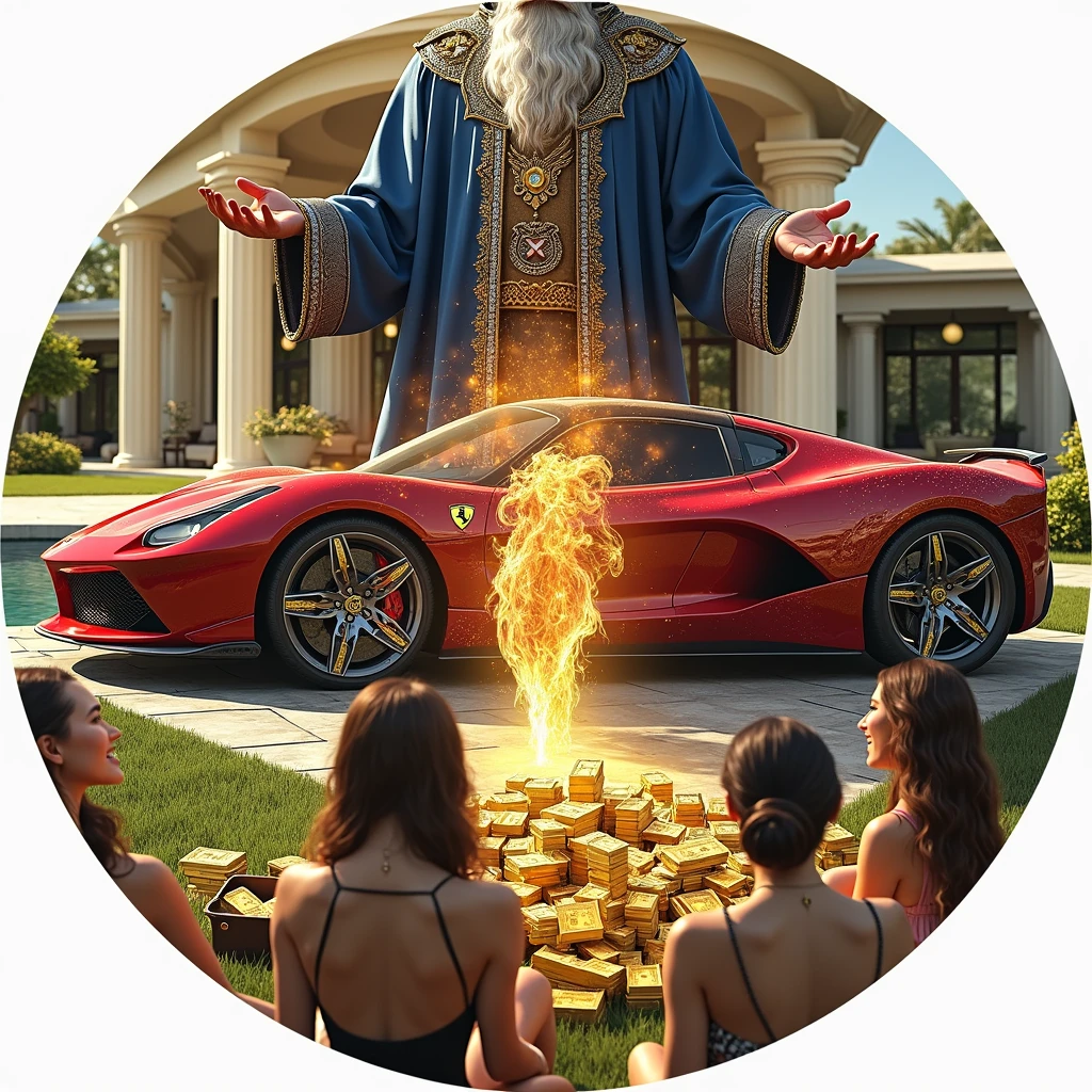 CREATE AN ULTRAREALISTIC IMAGE WITH A BEAUTIFUL RED FERRARI PARKED NEXT TO GOLD BARS AND OPEN SUITCASES WITH DOLLARS INSIDE, IN THE BACKGROUND A BEAUTIFUL MANSION WITH WOMEN AND NEXT TO THE FERRARI A WIZARD IN BLUE CLOTHES AND FULL OF JEWELS AS PER THE MAGIC OF THE TIP, PERFECT WIZARD HANDS WITH 5 FINGERS, EA FERRARI BIG, real life size, AND THE MODERN MANSION, MODERN ARCHITECTURE WITH BEAUTIFUL WOMEN IN THE FRONT