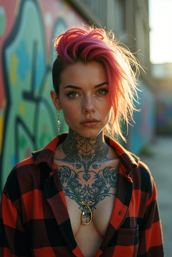 upper body portrait, The raw essence of a tattooed street style icon, soaked in rebellious energy, Wear an oversized flannel shirt, Vibrant graffiti as wallpaper, Avant-garde fashion, sense, confident look, colorful hair, Rays of light pierce the fog. camra nikon Zfc, Sigma art 18mm, kodak film, hyper realistic