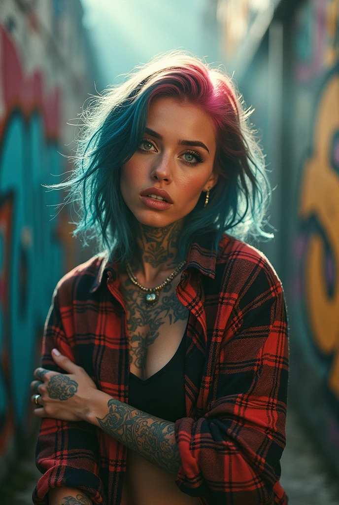 upper body portrait, The raw essence of a tattooed street style icon, soaked in rebellious energy, Wear an oversized flannel shirt, Vibrant graffiti as wallpaper, Avant-garde fashion, sense, confident look, colorful hair, Rays of light pierce the fog. camra nikon Zfc, Sigma art 18mm, kodak film, hyper realistic