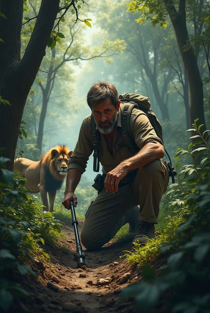 Man with metal detector , finding a gun in the middle of the forest with the lions