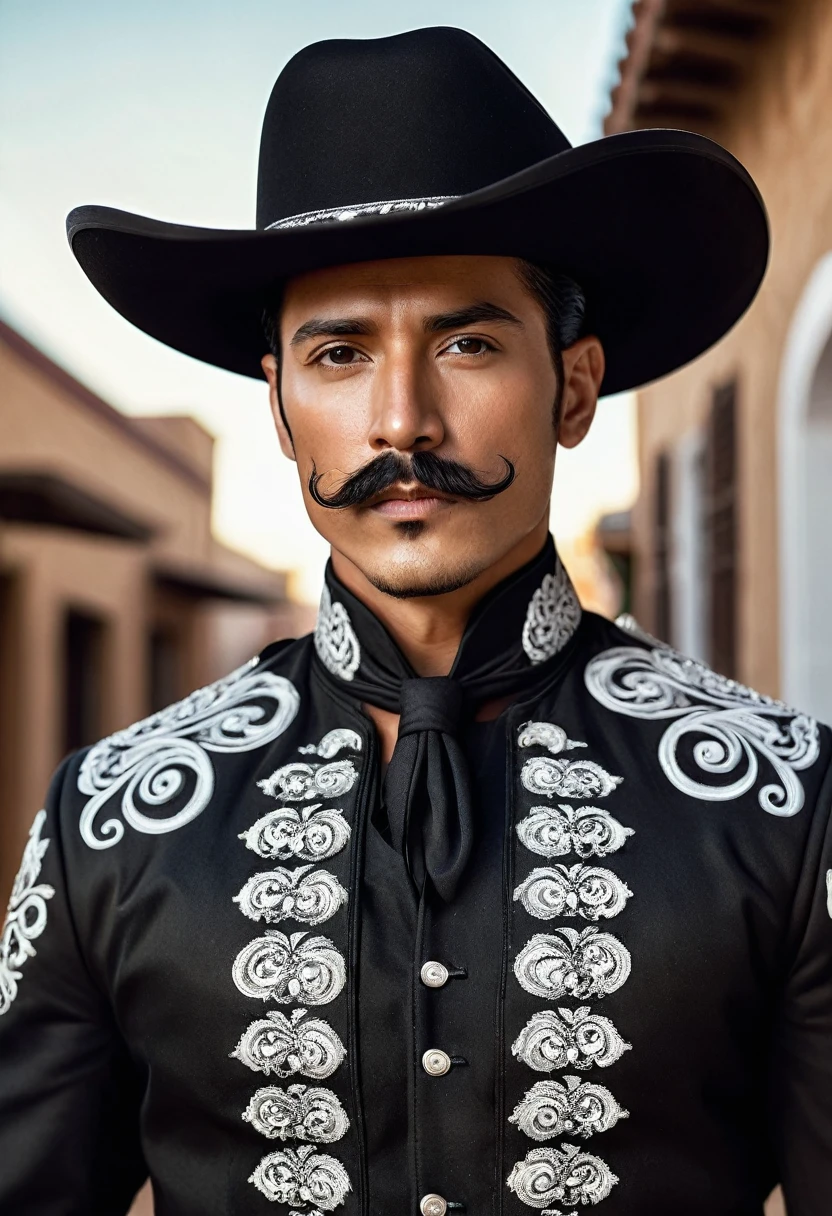 1 man, tan skin, black hair, tapered slick back hairstyle, black mariachi outfit with white color accents, curly handlebar mustache, black cowboy hat, extremely detailed face and eyes, highly detailed, portrait, photo-realistic, hyperrealistic, dramatic lighting, cinematic, epic, masterpiece