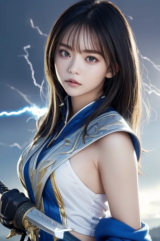 1girll,((top-quality、Top image quality、超A high resolution))、(Photorealsitic), (Realistic), (Ultra high definition), masutepiece, Best Quality, Raw photography, Hyper realistic, Idle face, the air looks clear, mix with lightning.(((He has a legendary sword that emits blue lightning............)))、blue energy effects,