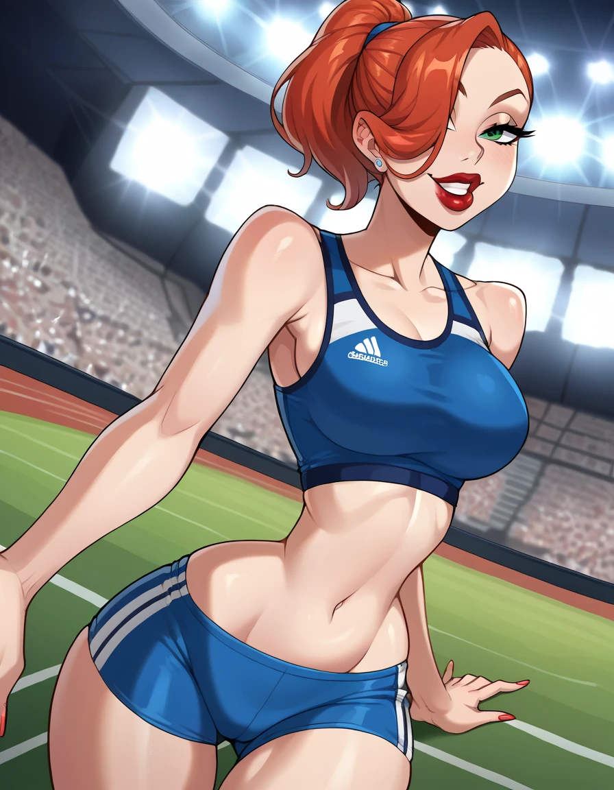 score_9, score_8_up, score_7_up, source_anime, 1girl, red hair, long hair, hair over one eye, green eyes, lipstick, makeup, earrings, competition sports, (purple tank top), (large purple buruma), (on the track:1.5), (((track and field))), (Stadium background:1.5), Stadium full of people. Olympics. white trims, best quality, expressive eyes, short ponytail, high ponytail,, realistic BREAK 1girl, solo.  looking at viewer, dutch angle, looking up, smile, (big hips), hourglass body, happy, thigh gap, lips, red lips, lipstick,  BREAK parted lips,nail polish, ((narrow waist)), looking at viewer, thighs, indoors, 