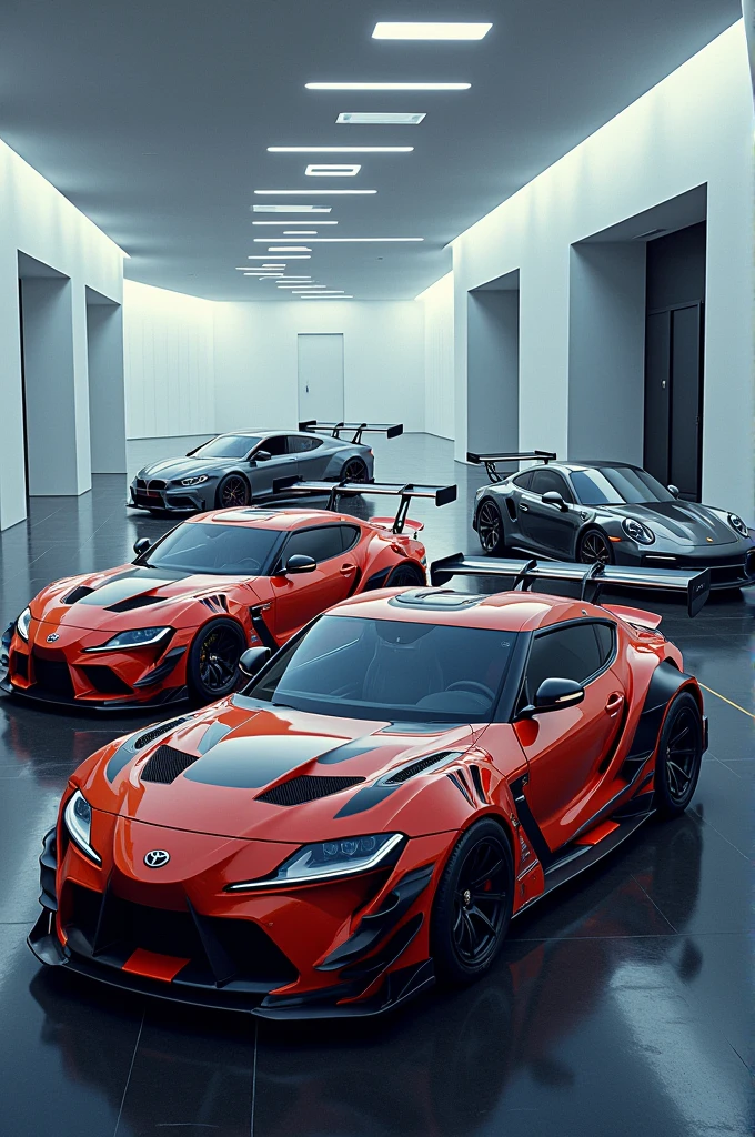 Images of a Toyota Supra mk4, porche 911 gt3 rs, Kawasaki ninja h2r and a BMW s1000r combined