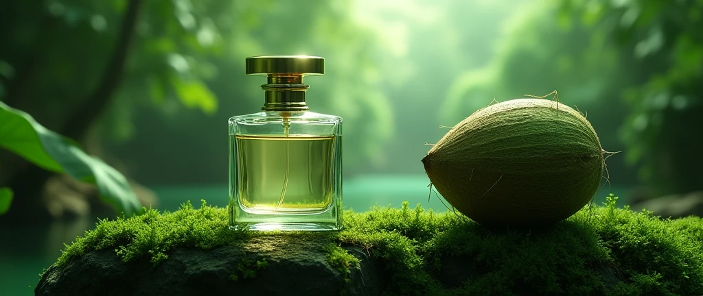 A bottle of perfume on a rock with moss and a coconut with green light