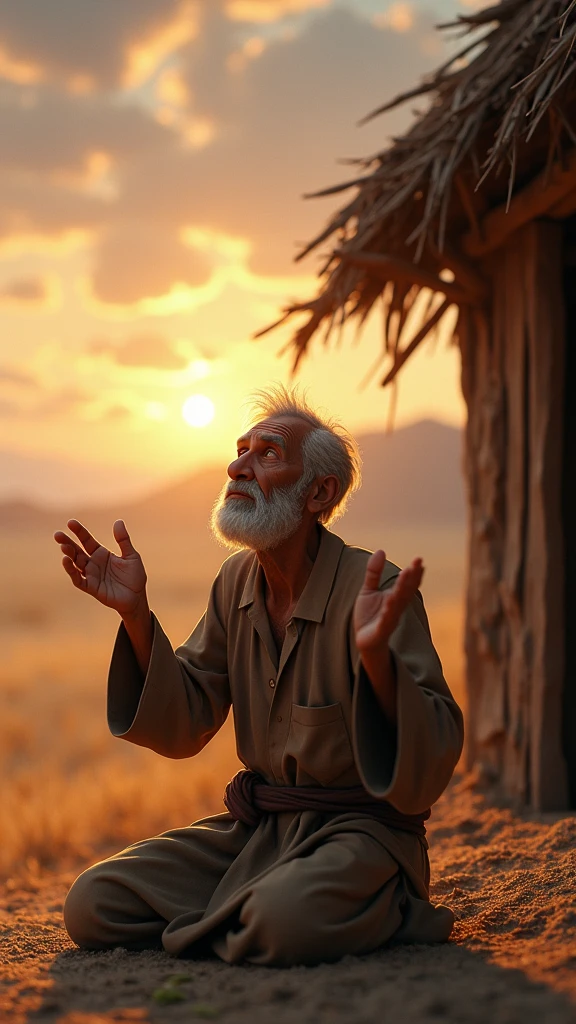 : "The poor old man is sitting on his knees in the field or in the corner of his hut, raising his hands to the sky in supplication. His features seem full of hope and supplication. The sky behind him is radiant with a dim light that suggests hope and the nearness of relief , 3d animation ,disney inspired, 8k