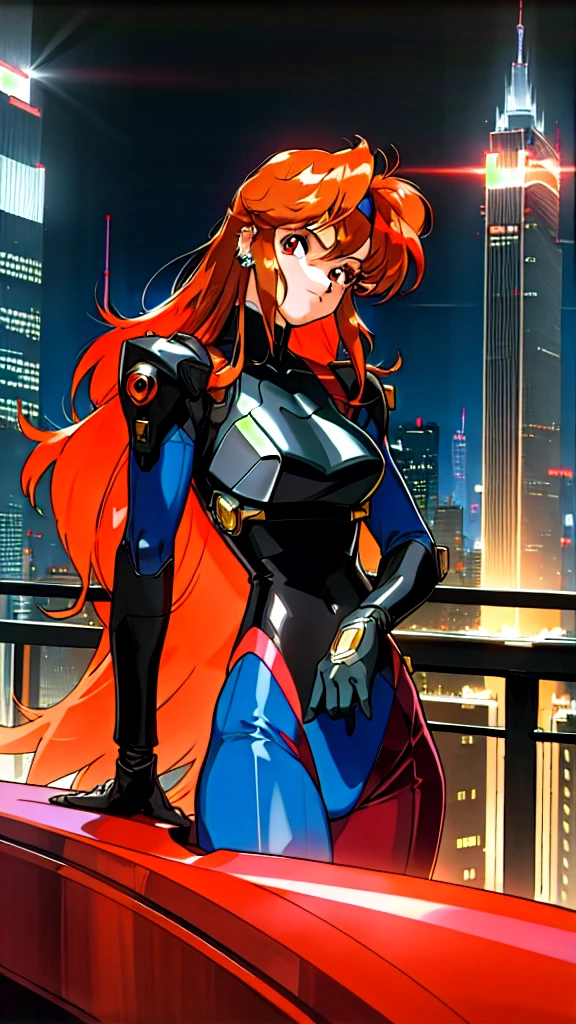 Kenichi Sonoda, retro art-style, 90s Japanese Anime Style, "bubblegum crisis", Sci-fi, Cyberpunk, Neon, Dystopia, (Amid the neon-soaked skyline of towering skyscrapers in mega Tokyo, 20-year-old anime beauty Pris stands alone on a gleaming skyscraper spire, bathed in the dazzling glow of the full moon. Her striking features are accentuated by a dark blue metal hard suit adorned with vibrant orange lines inspired by Syd Mead's industrial machine designs. Her brown medium-length hair frames her piercing gaze while she flashes a confident smile at the viewer. With fearless determination etched on her face, Pris is imposing and her entire presence exudes an aura of cool, stylish elegance. The smooth curves of her shadow, backlit by the moon, create a captivating silhouette, showcasing her unparalleled charm. A beauty under the watchful eye of the city's towering skyscrapers.), 1girl, solo, The main character, "Priss", 20yo, anime beauty, Cool beauty, Unparalleled beauty, Brown medium length hair, red eyes, Cold and sharp eyes, harsh brushstrokes, dramatic lighting, A dark blue metal hard suit with orange lines has a sophisticated design, fearless look, an expression of ridicule, smile, Standing alone in the backlight, she looks cool and stylish, Standing, looking at viewer, close-up photography of upper body, bust shot, Depth of field, character focus, (masterpiece, anime cg, official art, work of art, Award-winning work, extreme quality, ultra high definition, all intricate, overall detailed, finely detailed, super detailed, very aesthetic, boast pompously, focus on entire screen, asymmetrical, raytraced, caustics, textile shading, incredibly absurd resolution, absolutely resolution, ultra high resolution, professional, vivid colors, perfect anatomy, ideal facial features, Beautifully detailed face, Beautifully detailed eyes, ideally proportioned figure, perfectly beautiful body),
