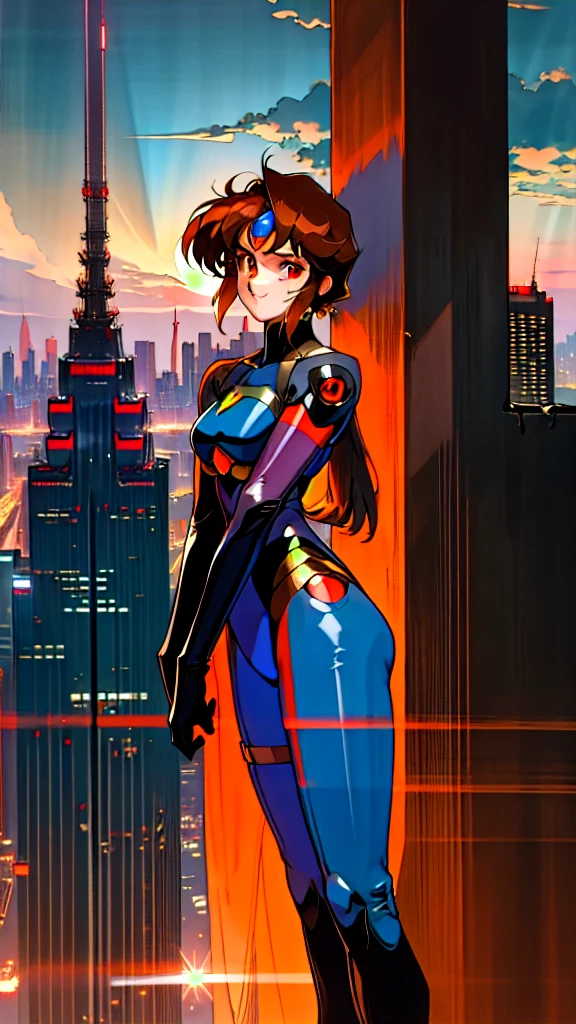 Kenichi Sonoda, retro art-style, 90s Japanese Anime Style, "bubblegum crisis", Sci-fi, Cyberpunk, Neon, Dystopia, (Amid the neon-soaked skyline of towering skyscrapers in mega Tokyo, 20-year-old anime beauty Pris stands alone on a gleaming skyscraper spire, bathed in the dazzling glow of the full moon. Her striking features are accentuated by a dark blue metal hard suit adorned with vibrant orange lines inspired by Syd Mead's industrial machine designs. Her brown medium-length hair frames her piercing gaze while she flashes a confident smile at the viewer. With fearless determination etched on her face, Pris is imposing and her entire presence exudes an aura of cool, stylish elegance. The smooth curves of her shadow, backlit by the moon, create a captivating silhouette, showcasing her unparalleled charm. A beauty under the watchful eye of the city's towering skyscrapers.), 1girl, solo, The main character, "Priss", 20yo, anime beauty, Cool beauty, Unparalleled beauty, Brown medium length hair, red eyes, Cold and sharp eyes, harsh brushstrokes, dramatic lighting, A dark blue metal hard suit with orange lines has a sophisticated design, fearless look, an expression of ridicule, smile, Standing alone in the backlight, she looks cool and stylish, Standing, looking at viewer, close-up photography of upper body, bust shot, Depth of field, character focus, (masterpiece, anime cg, official art, work of art, Award-winning work, extreme quality, ultra high definition, all intricate, overall detailed, finely detailed, super detailed, very aesthetic, boast pompously, focus on entire screen, asymmetrical, raytraced, caustics, textile shading, incredibly absurd resolution, absolutely resolution, ultra high resolution, professional, vivid colors, perfect anatomy, ideal facial features, Beautifully detailed face, Beautifully detailed eyes, ideally proportioned figure, perfectly beautiful body),