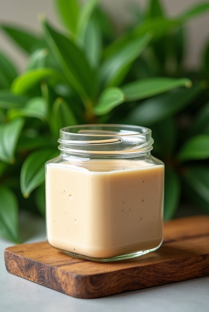 A mousse dessert in a square plastic jar with the lid closed and a green plant backdrop, The mousse pot will be on top of a wooden board