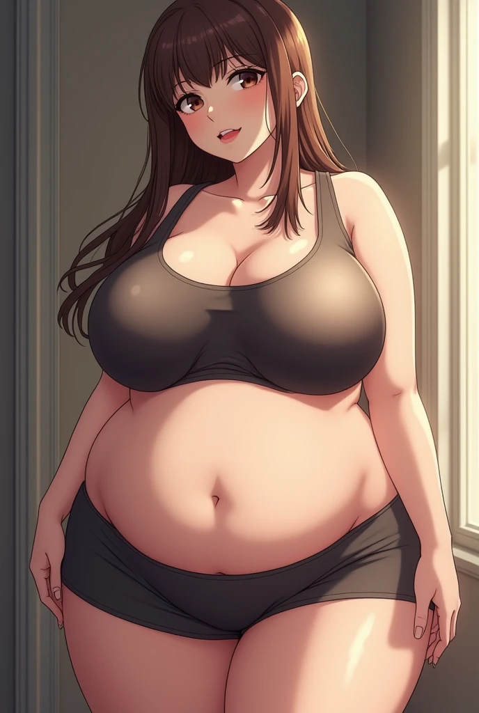 masterpiece, best quality, anime detail, 4k, 1 girl, extremely obese, fattest ussbbw, breasts 300 inches in diameter, tight tanktop, short shorts, brown hair, horny, seductive pose.