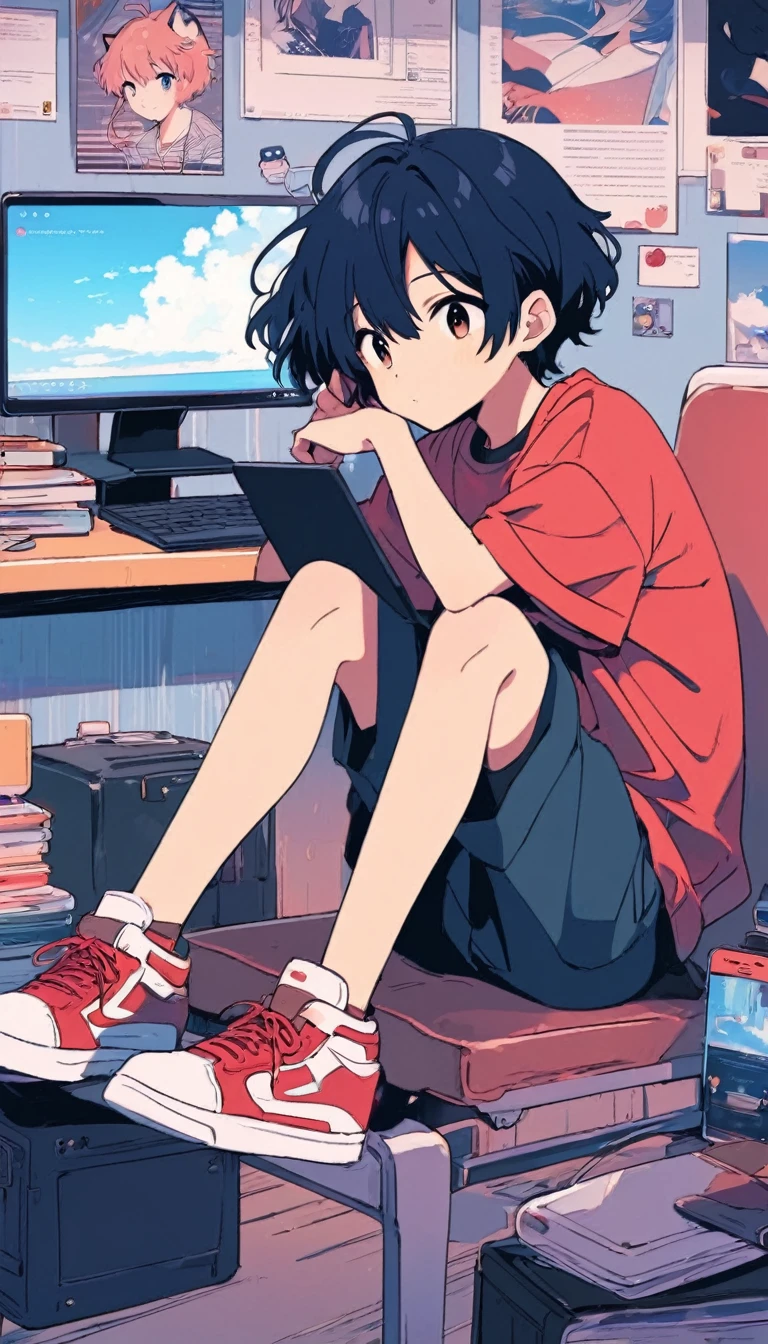 anime guy sitting at a desk with a laptop and a phone, digital anime illustration, anime aesthetic, modern anime style, anime vibes, high quality anime artstyle, lofi artstyle, anime wallaper, 4k anime wallpaper, in anime style, anime art wallpaper 4k, anime art wallpaper 4 k, lo-fi art, in an anime style