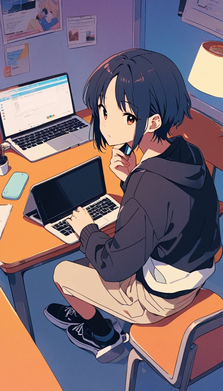 anime guy sitting at a desk with a laptop and a phone, digital anime illustration, anime aesthetic, modern anime style, anime vibes, high quality anime artstyle, lofi artstyle, anime wallaper, 4k anime wallpaper, in anime style, anime art wallpaper 4k, anime art wallpaper 4 k, lo-fi art, in an anime style