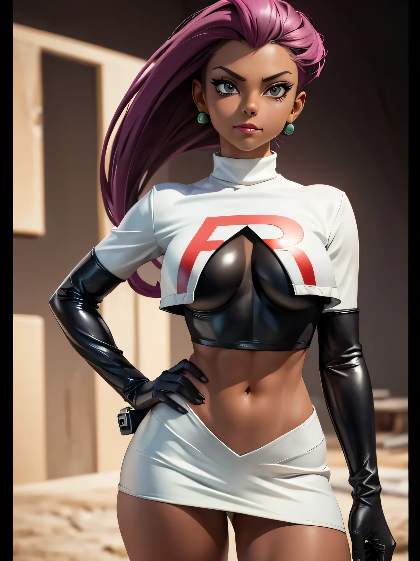 vibrant colors, 8K, high resolution, highly detailed, masterpiece, ((my little pony)), (black striped white hair), (pale white body), (gray eyes) seductive face, japan Samurai, standing, big breasts, beautiful body, cap, middle-age tokio, purple lips, thong