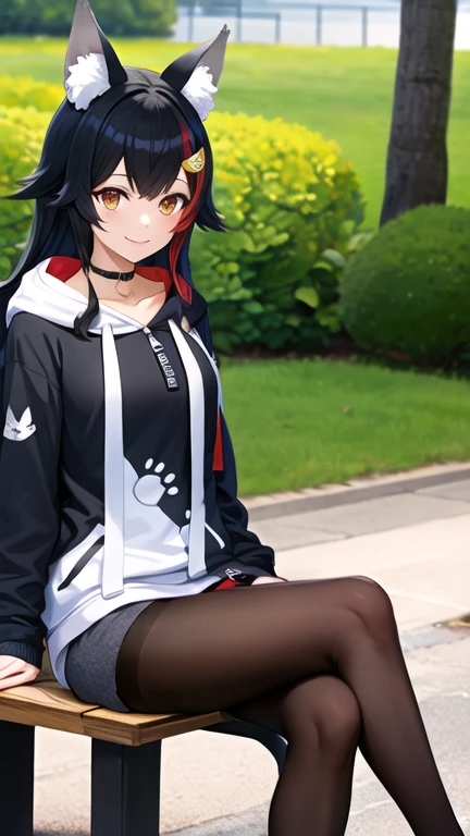 masterpiece, best quality, highres, miosha1, hair ornament, wolf tail, black choker, hood, black hoodie, white hoodie, paw print, black shorts, black pantyhose, sitting, crossed legs, smile, park, bench