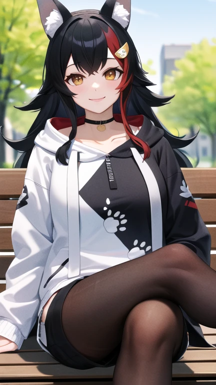 masterpiece, best quality, highres, miosha1, hair ornament, wolf tail, black choker, hood, black hoodie, white hoodie, paw print, black shorts, black pantyhose, sitting,  crossed legs, smile, park, bench