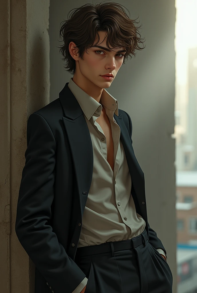 Chico detective, manly, rubio, slender, young, Cheek-length hair, Rock style, pale, elegant physique, angelic beauty, with his work uniform