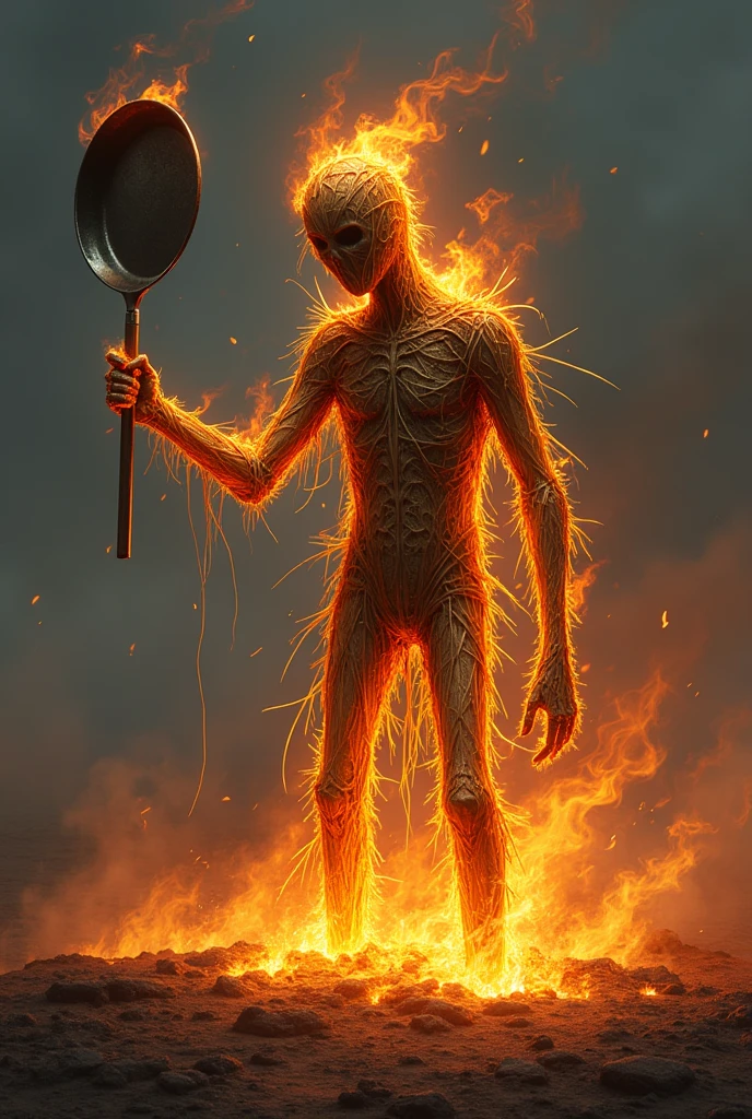 Create an illustrated image of a straw man with a frying pan in his hand that is burning