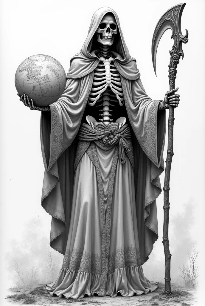 Prompt: "A detailed pencil sketch of Santa Muerte, depicted as a male skeleton, portrayed in a powerful and imposing stance. He is dressed in a flowing robe adorned with intricate patterns, reminiscent of traditional Mexican iconography but with modern, edgy elements reflecting narco culture. In his left hand, he holds a detailed, cracked globe, symbolizing his control over the world, and in his right hand, he grips a large, ornate scythe, its blade gleaming menacingly. The background hints at a desolate landscape with subtle traces of urban decay. The sketch should emphasize the textures of his robe, the detail of the globe, and the sharpness of the scythe, creating a dark and commanding atmosphere. Surrealism, conceptual art, modern, hyperrealism, pointillism, anime style, multiple monochrome, close-up, cowboy shot, Dutch angle, UHD, retina, masterpiece, accurate, anatomically correct, textured skin, super detail, high details, high quality, award-winning, best quality, highres, 1080P, HD, 4K, 8K, 16K."