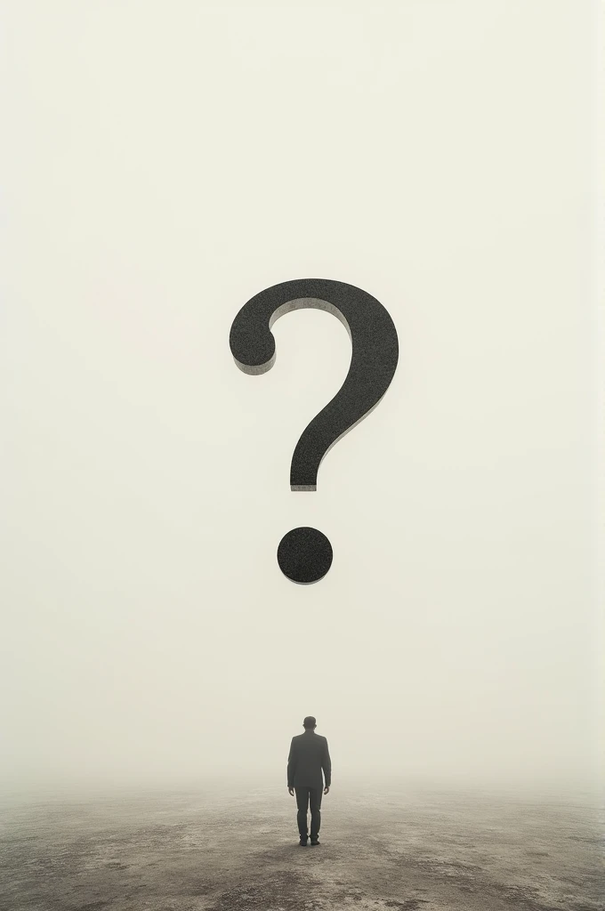 A black gigantic question mark
With a black background
A nude faceless man smaller than the mark