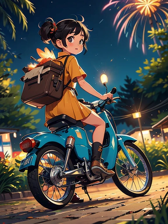 32K，UHD High Resolution，Octane Rendering，steampunk，(Hyper Detail: 1.2)，Girl riding a Super Cub、night，cute，Very short stature，Very thin thighs，Loading a lot of luggage into a yellow Super Cub，Short dress，Semi-long twin tail hair，Black Hair，goggles，Black boots，Super Cub Details，Head to the beach campsite，Medium shot from behind，night空，Fireworks，Fireworks display，
