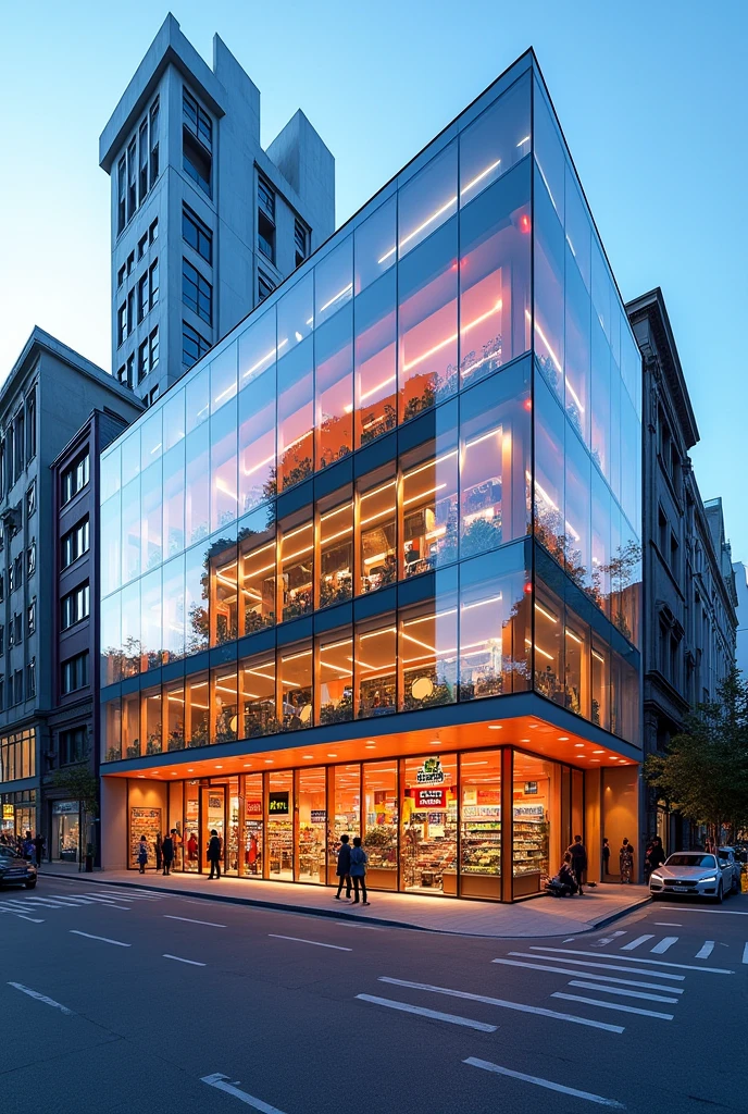 Generate an image of a supermarket facade in glass that has details in orange and blue colors in dimensions 6085x3423 px