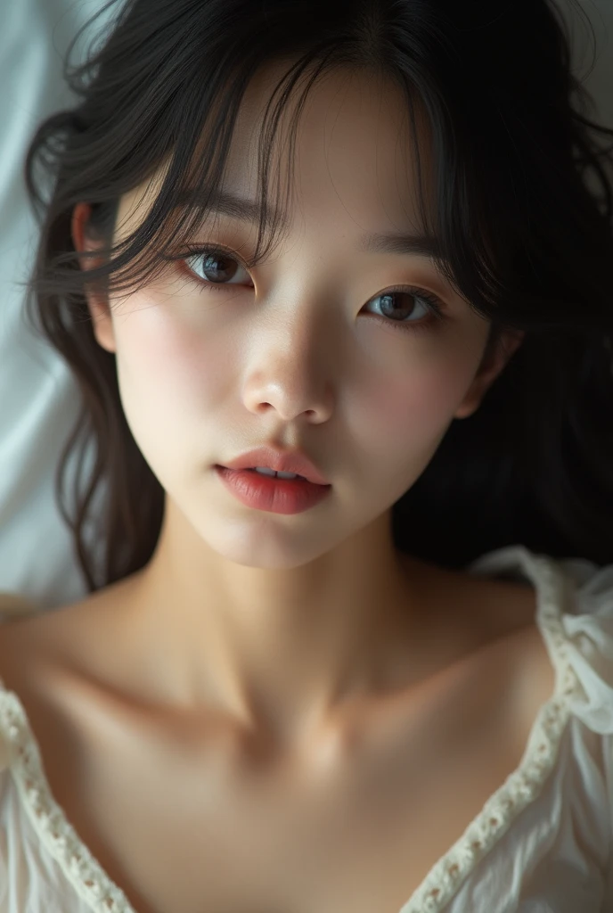 realistic photo, 25-year-old Japanese woman, nude, looking at the camera, from above, detailed face and body, natural lighting, high resolution, photorealistic, 32mm, (best quality,8k, high res,masterpiece:1.2),ultra-detailed,(realistic, photorealistic,photo-realistic:1.37), realistic skin texture, detailed eyes, and lips, beautifully detailed face, long eyelashes, smooth skin, natural body shape