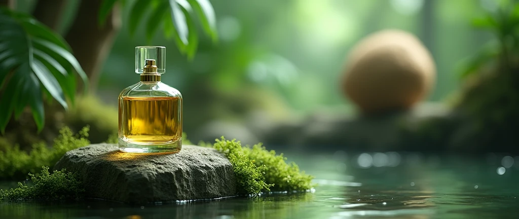 A perfume bottle on a rock with moss and a coconut behind the open perfume with green light