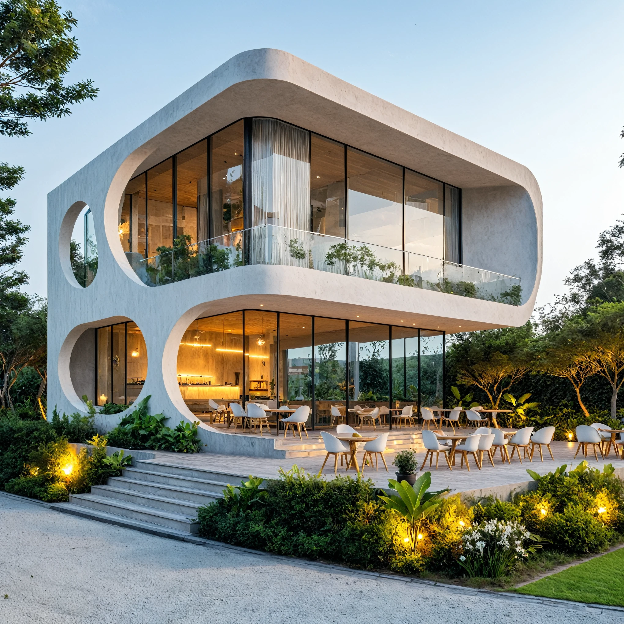 Boss of'ouvrages d'art, high quality, best quality, authentique, Great detail, En plein air, plain-piedVilla XL, groupe, style de maison moderne dans la rue ,stairs, white wall ,road,pavement, grass, trees, sky, clouds, (day light:1.1)