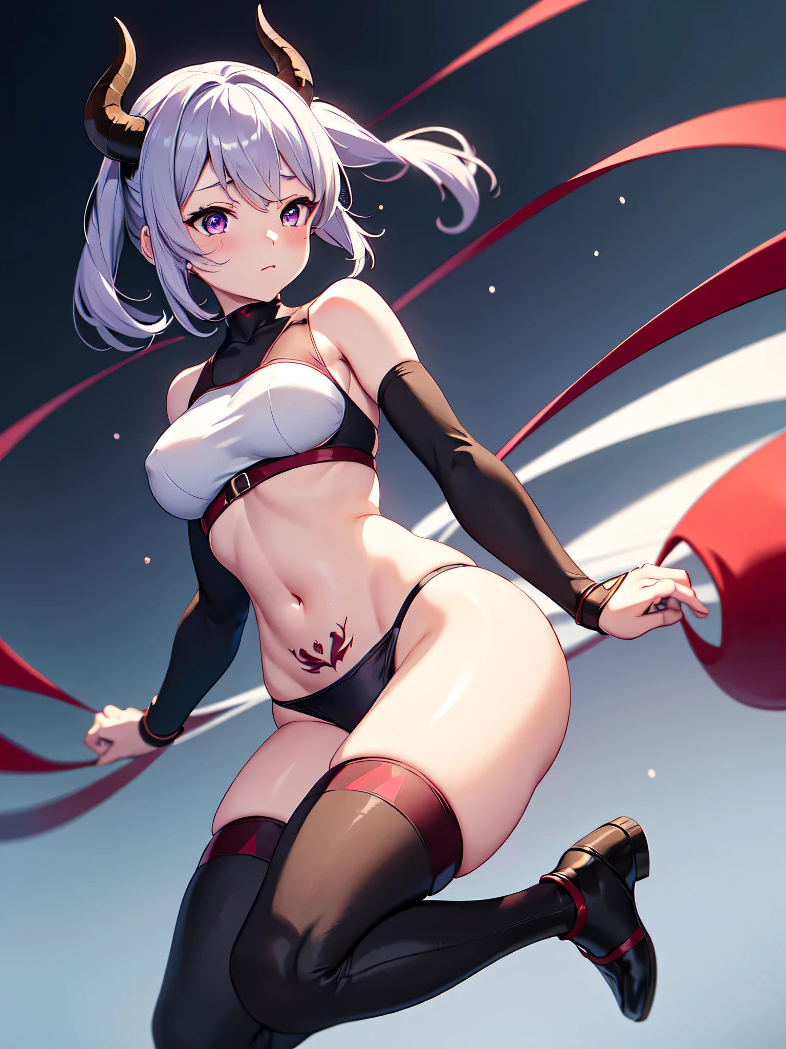 all intricate details, a anime fantasy picture of a girl character, 1girl view, solo, cameltoe, thighhighs, tattoo, long hair, navel, looking at viewer, black-red horns, crop top, a dragon in pubic tattoo, stomach, white-purple hair, long sleeves, short diamond armor, firm breasts, medium breasts, black thighhighs, shirt, black footwear, thighs, bright light purple eyes, closed mouth, sexy pose, random angle, power stance, random background