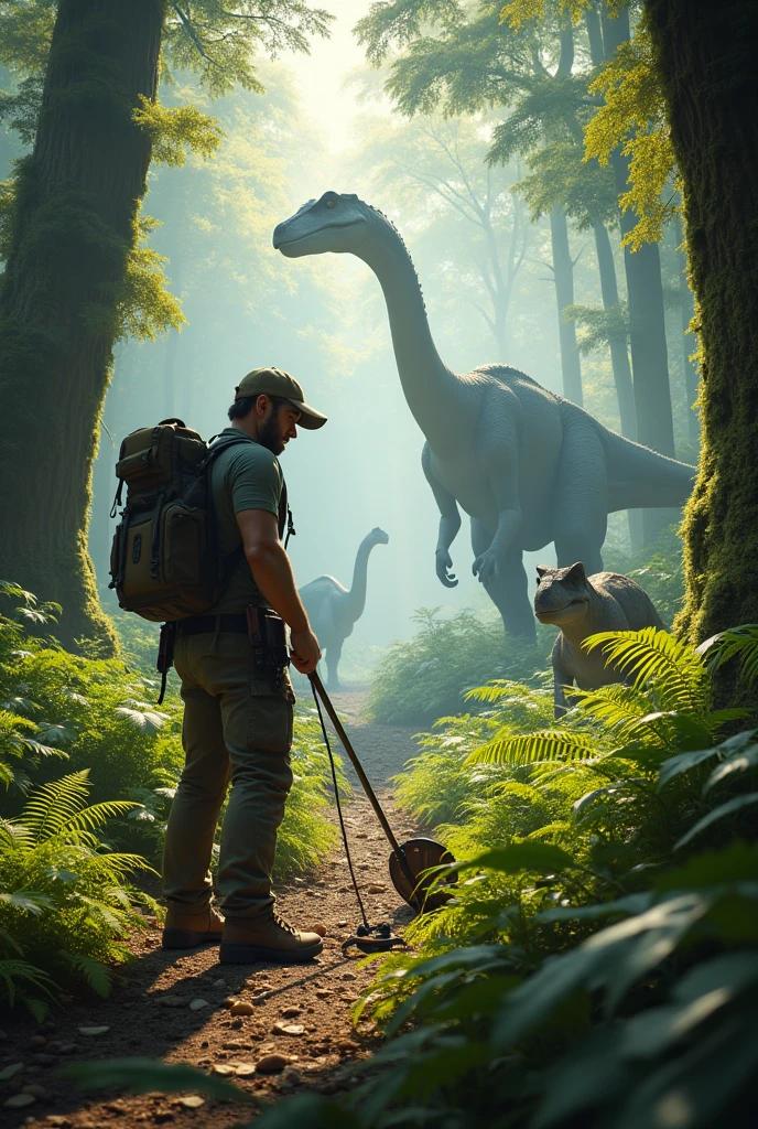 Man with metal detector , finding a weapon in the middle of the forest with the dinosaurs 