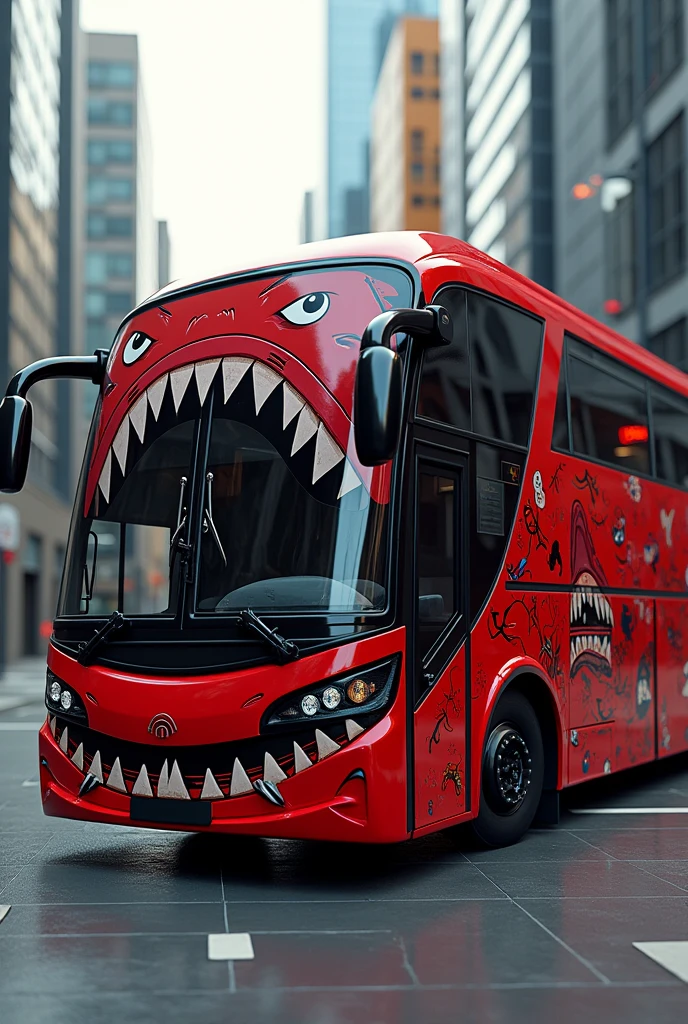 3d bus, predominant color red with black details, with drawings of an angry shark printed on it