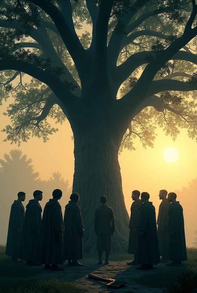 The Disappearance of the Stranger: The scene shows the sacred tree at dawn, standing tall and untouched. The villagers are gathered around, whispering in awe and fear. There's no trace of the stranger, only his abandoned axe lying at the base of the tree.