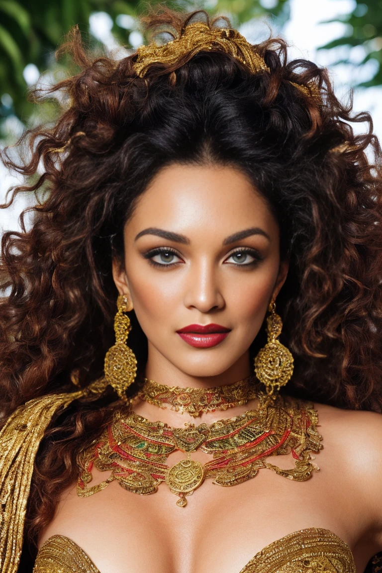 tribal warrior, masterpiece, strong muscular body, natural hairstyle with very tight curls, kohl, jungle in the background, cowboy shot, dark fantasy, intricate, highly detailed, by luis Royo, 1girl, (UHD, 8K wallpaper, High resolution), Cinematic lighting, award-winning, extremely detailed skin, extra detailed face, high detail eyes, photo-realistic, Zeiss 85 mm F/1.4, by Ellen von Unwerth