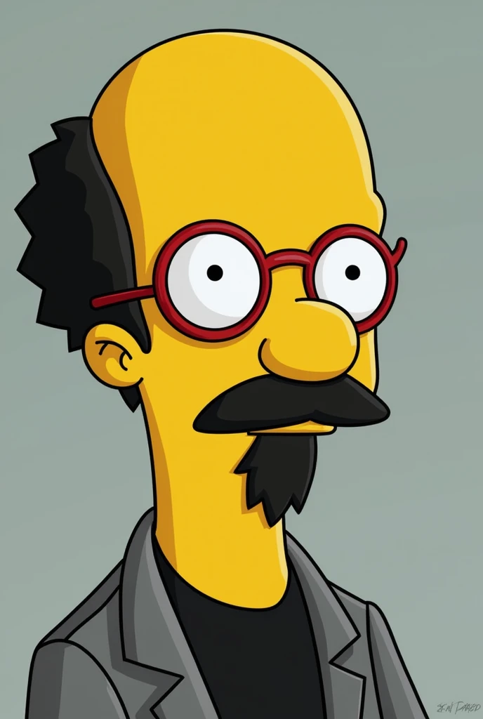 Create the animated character Kirk Evelyn Van Houten with a black goatee, who is Milhouse's father with little black hair on the periphery and bald in the center of his rounded head with round red-framed glasses with a flat nose and round cheeks . Closed goatee with black mustache, with a grey suit and a black shirt with black hair on the sides, short black closed beard.light brown round face beard well closed with mustache