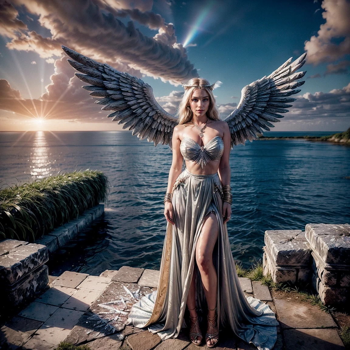 (Numerous award-winning masterpieces, with incredible details, Textures and maximum details), (Full body freeze frame:1.8), (Upper body up:0.3), (hyper realisti:1.4), (realisti:1.3), (best quality, real texture skin), (finely detailed true circle symmetrical eyes), (finely drawn beautiful face), (Angel ring of divine brilliance above the head:1.8), ((Medieval world)), (Black Angel of the Lord or White Angel of the Lord:1.6), (Full body freeze frame:1.8), (Lovely, Friendly eyes), (She has a blissful smile on her face), (Beautifully colored eyes full of compassion), (Full body freeze frame:1.8), Bright majestic clouds and sky, (optical halo phenomenon:1.3), (Angels dancing in the background), (dramatic light), (majestic sight), (Her expression is cheerful, full of tenderness and very beautiful), ((Large wings with pure white feathers behind the shoulders)), (((Folded wings))), Glass earrings on the ears, (((dramatic photo))), (dusk), (sun set), (dusk), (Sacred Pose), (golden hair), (Silver hair), (white blond hair), Long hair, (Around her neck she wears a simple necklace of exquisite workmanship), Other, ruins overgrown by plants, large temple, large cathedral, Temple ruins, freestanding temple, (Glowing magic circle), Ruins of an old castle, Abandoned ruins, crumbling ruins, Ancient ruins with clear water, holy light, epic realisti, ((Neutral Colors)), (HDR:1.5), (muted colors:1.2), Hyperdetailed, filmic, warm lighting, dramatic light, (Intricate detailing:1.1), complex background, close up portrait, view from above