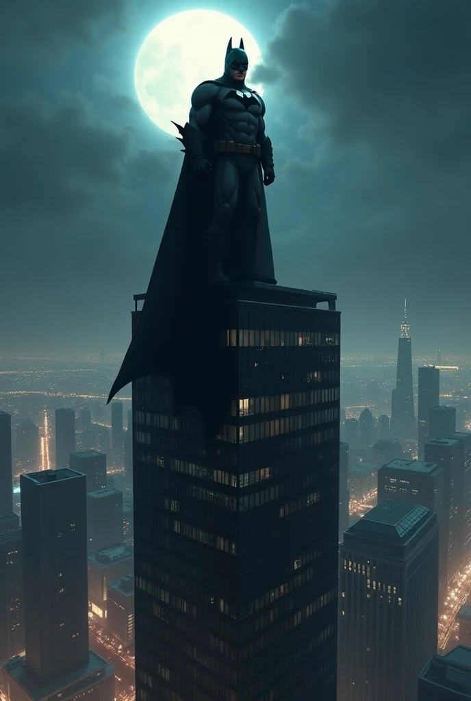 Make Batman on top of a tower at night
