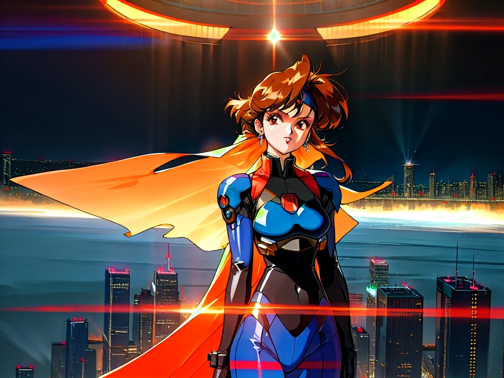 Kenichi Sonoda, retro art-style, 90s Japanese Anime Style, "bubblegum crisis", Sci-fi, Cyberpunk, Neon, Dystopia, (Amid the neon-soaked skyline of towering skyscrapers in mega Tokyo, 20-year-old anime beauty Pris stands alone on a gleaming skyscraper spire, bathed in the dazzling glow of the full moon. Her striking features are accentuated by a dark blue metal hard suit adorned with vibrant orange lines inspired by Syd Mead's industrial machine designs. Her brown medium-length hair frames her piercing gaze while she flashes a confident smile at the viewer. With fearless determination etched on her face, Pris is imposing and her entire presence exudes an aura of cool, stylish elegance. The smooth curves of her shadow, backlit by the moon, create a captivating silhouette, showcasing her unparalleled charm. A beauty under the watchful eye of the city's towering skyscrapers.), 1girl, solo, The main character, "Priss", 20yo, anime beauty, Cool beauty, Unparalleled beauty, Brown medium length hair, red eyes, Cold and sharp eyes, harsh brushstrokes, dramatic lighting, A dark blue metal hard suit with orange lines has a sophisticated design, fearless look, an expression of ridicule, smile, Standing alone in the backlight, she looks cool and stylish, Standing, looking at viewer, close-up photography of upper body, bust shot, Depth of field, character focus, (masterpiece, anime cg, official art, work of art, Award-winning work, extreme quality, ultra high definition, all intricate, overall detailed, finely detailed, super detailed, very aesthetic, boast pompously, focus on entire screen, asymmetrical, raytraced, caustics, textile shading, incredibly absurd resolution, absolutely resolution, ultra high resolution, professional, vivid colors, 16k, perfect anatomy, ideal facial features, Beautifully detailed face, Beautifully detailed eyes, ideally proportioned figure, perfectly beautiful body),