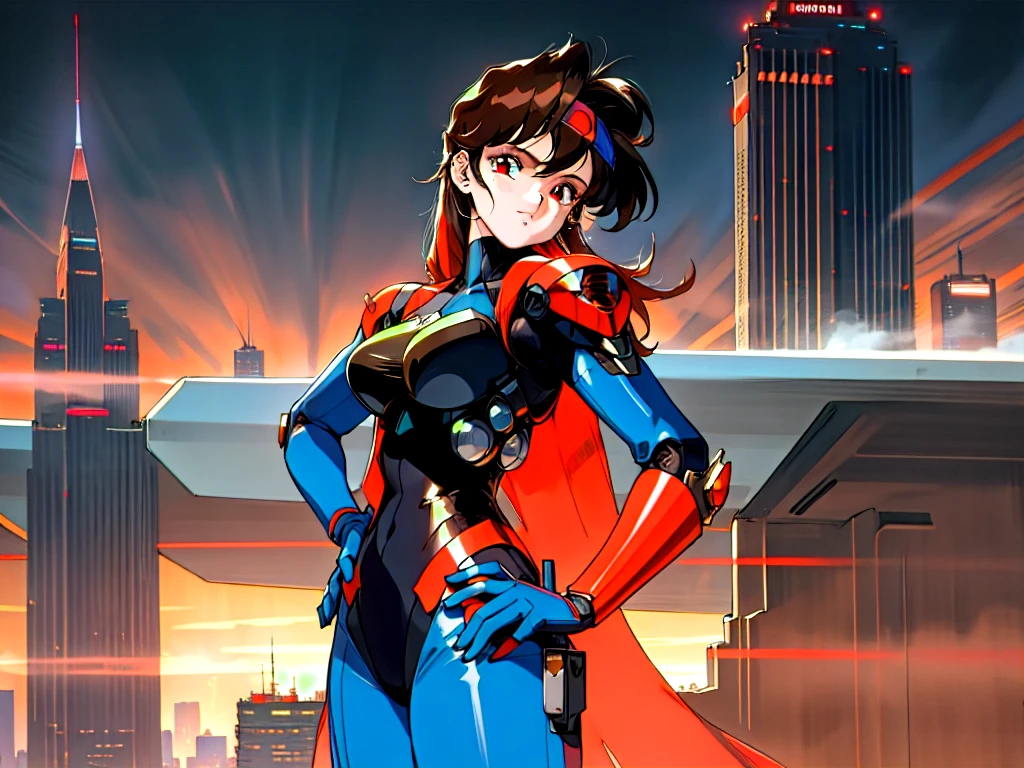 Kenichi Sonoda, retro art-style, 90s Japanese Anime Style, "bubblegum crisis", Sci-fi, Cyberpunk, Neon, Dystopia, (Amid the neon-soaked skyline of towering skyscrapers in mega Tokyo, 20-year-old anime beauty Pris stands alone on a gleaming skyscraper spire, bathed in the dazzling glow of the full moon. Her striking features are accentuated by a dark blue metal hard suit adorned with vibrant orange lines inspired by Syd Mead's industrial machine designs. Her brown medium-length hair frames her piercing gaze while she flashes a confident smile at the viewer. With fearless determination etched on her face, Pris is imposing and her entire presence exudes an aura of cool, stylish elegance. The smooth curves of her shadow, backlit by the moon, create a captivating silhouette, showcasing her unparalleled charm. A beauty under the watchful eye of the city's towering skyscrapers.), 1girl, solo, The main character, "Priss", 20yo, anime beauty, Cool beauty, Unparalleled beauty, Brown medium length hair, red eyes, Cold and sharp eyes, harsh brushstrokes, dramatic lighting, A dark blue metal hard suit with orange lines has a sophisticated design, fearless look, an expression of ridicule, smile, Standing alone in the backlight, she looks cool and stylish, Standing, looking at viewer, close-up photography of upper body, bust shot, Depth of field, character focus, (masterpiece, anime cg, official art, work of art, Award-winning work, extreme quality, ultra high definition, all intricate, overall detailed, finely detailed, super detailed, very aesthetic, boast pompously, focus on entire screen, asymmetrical, raytraced, caustics, textile shading, incredibly absurd resolution, absolutely resolution, ultra high resolution, professional, vivid colors, 16k, perfect anatomy, ideal facial features, Beautifully detailed face, Beautifully detailed eyes, ideally proportioned figure, perfectly beautiful body),
