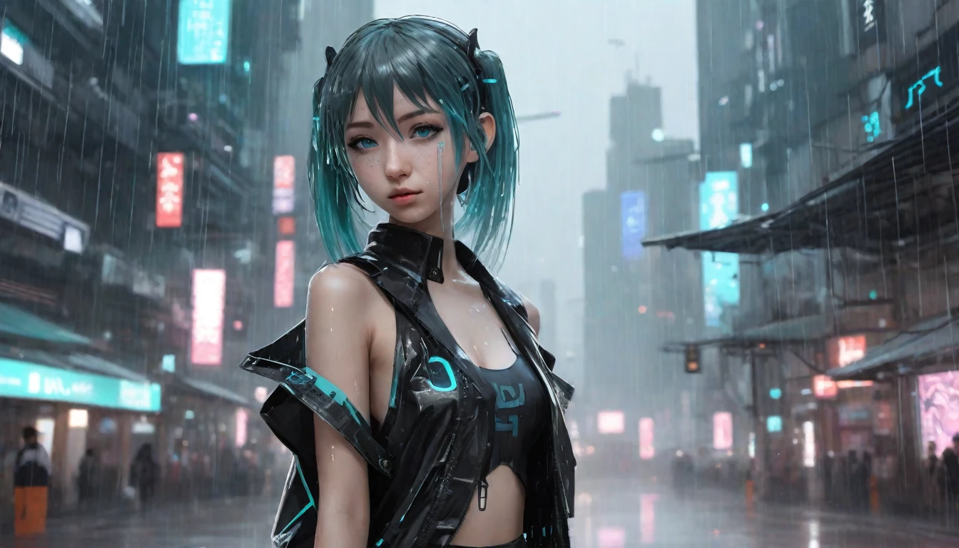 cute girl in a cyberpunk city by wlop,Short mini dress,light rain,Hyper Real,Detailed digital art,hatsune miku ikeuchi,Featured on pixiv,Dystopia,Genshin Impact,Cel Shading,Smooth,Sharp focus,Cel Shading face,by