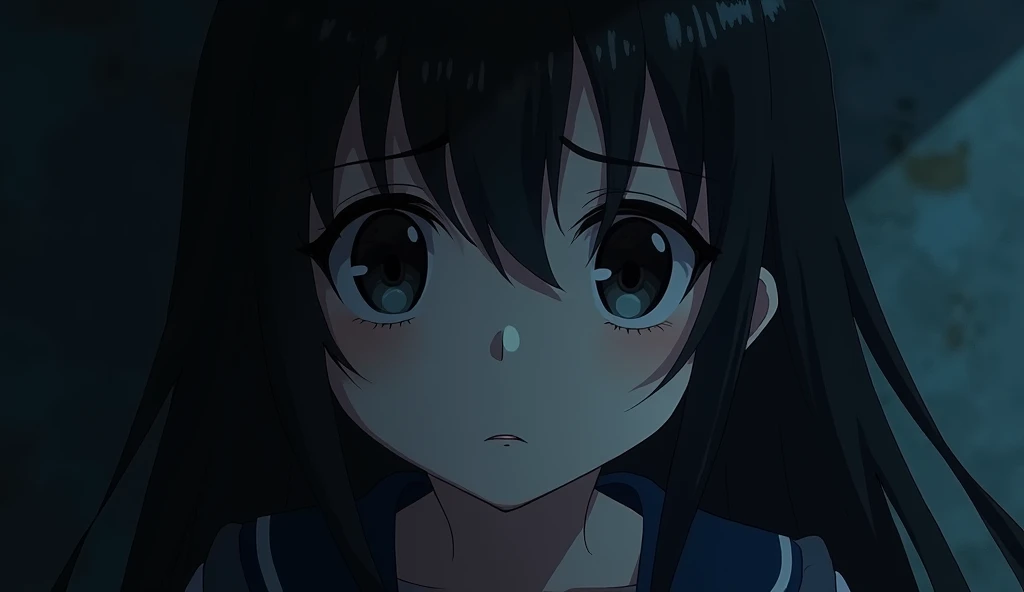 A melancholy  anime schoolgirl, with hauntingly intense black eyes and long black hair cascading over her shoulders. The focus is on her face, framed by a dark background. This detailed portrait captures the complexity of her expression, reinforcing the sombre mood. The image is a high-quality painting, highlighting the striking contrast between light and shadow. Each brushstroke highlights the nuances of her features, drawing the viewer into the bittersweet tale of a young girl's inner turmoil. This young girl looks towards the horizon anime style