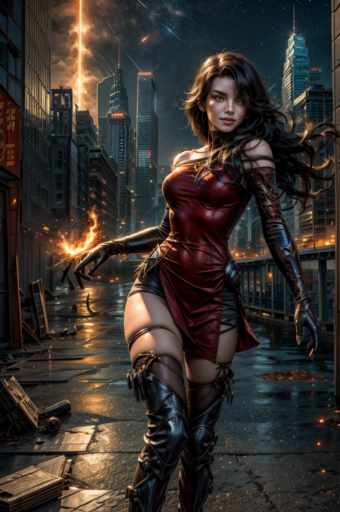 (masterpiece, best quality:1.2), cowboy shot, solo, 1girl, cinder fall, looking at viewer, long hair, red dress, elbow gloves, pantyhose, dynamic pose, next to wrecked bridge, wrecked skyscrapers, holding fire, night, stars, evil smile, post-apocalypse, dystopian future  crowd, (volumetric lighting), sharp focus, hyper detailed 