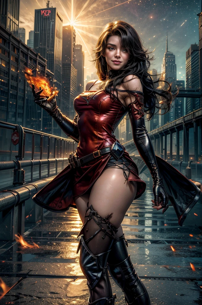 (masterpiece, best quality:1.2), cowboy shot, solo, 1girl, cinder fall, looking at viewer, long hair, red dress, elbow gloves, pantyhose, dynamic pose, next to wrecked bridge, wrecked skyscrapers, holding fire, night, stars, evil smile, post-apocalypse, dystopian future  crowd, (volumetric lighting), sharp focus, hyper detailed 