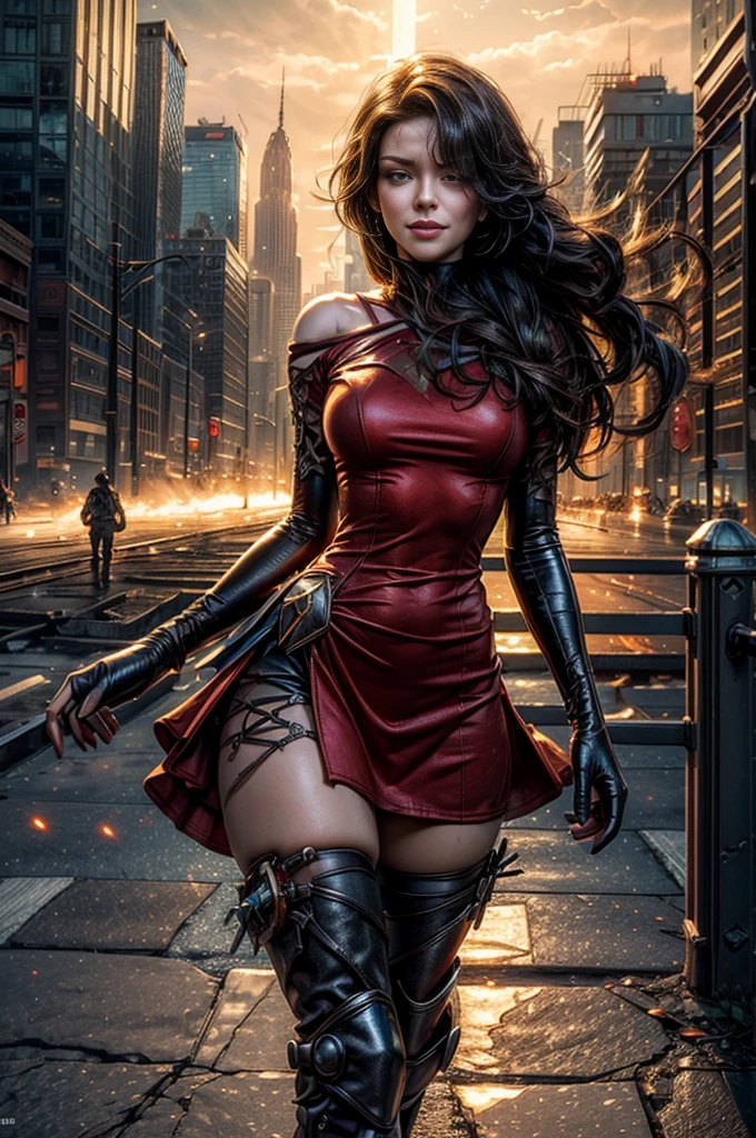 (masterpiece, best quality:1.2), cowboy shot, solo, 1girl, cinder fall, looking at viewer, long hair, red dress, elbow gloves, pantyhose, dynamic pose, next to wrecked bridge, wrecked skyscrapers, holding fire, night, stars, evil smile, post-apocalypse, dystopian future  crowd, (volumetric lighting), sharp focus, hyper detailed 