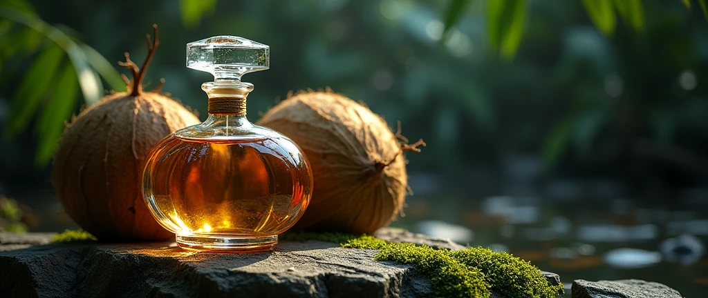 A perfume bottle on a rock with moss and a coconut behind the open perfume with dark light
