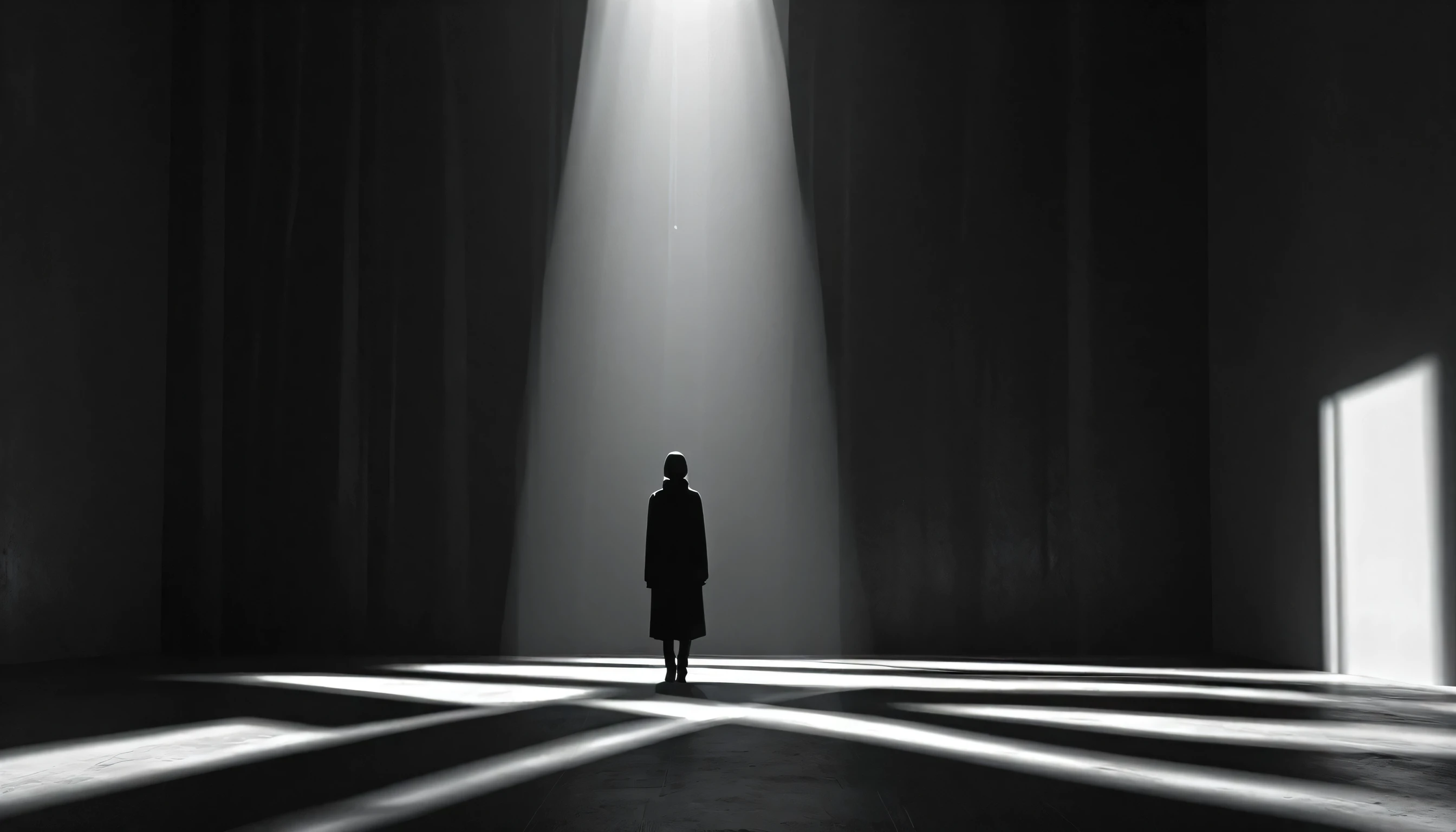 Shadowy figure beneath a single streetlamp on an empty street, minimalist Journey,highres,ultra-detailed,realistic,portrait,monochrome,contrast,bold lines,dark atmosphere,simple composition,dramatic lighting,expressive face,subtle emotions,striking gaze,intense stare,simple clothing,mysterious background,haunting beauty,graceful pose,mysterious aura,vivid black and white tones,ethereal,concept art,journey of self-discovery,quiet introspection,depth of the soul,symbolic representation,minimalist environment,subtle details,emotional depth,striking simplicity,balance of light and darkness,surreal experience,striking shadows,subtle textures,detailed expression,striking visual impact,straightforward yet thought-provoking,wide range of emotional interpretation,shadow,anatomical correct:2
