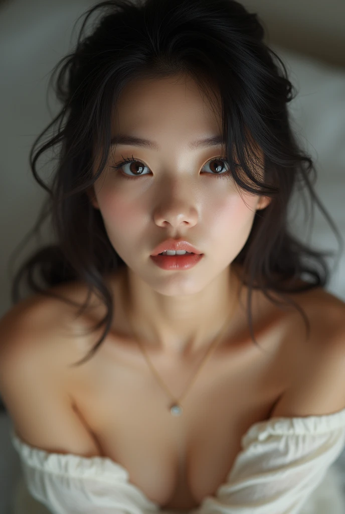 realistic photo, 25-year-old Japanese woman, nude, looking at the camera, from above, detailed face and body, natural lighting, high resolution, photorealistic, 32mm, (best quality,8k, high res,masterpiece:1.2),ultra-detailed,(realistic, photorealistic,photo-realistic:1.37), realistic skin texture, detailed eyes, and lips, beautifully detailed face, long eyelashes, smooth skin, natural body shape