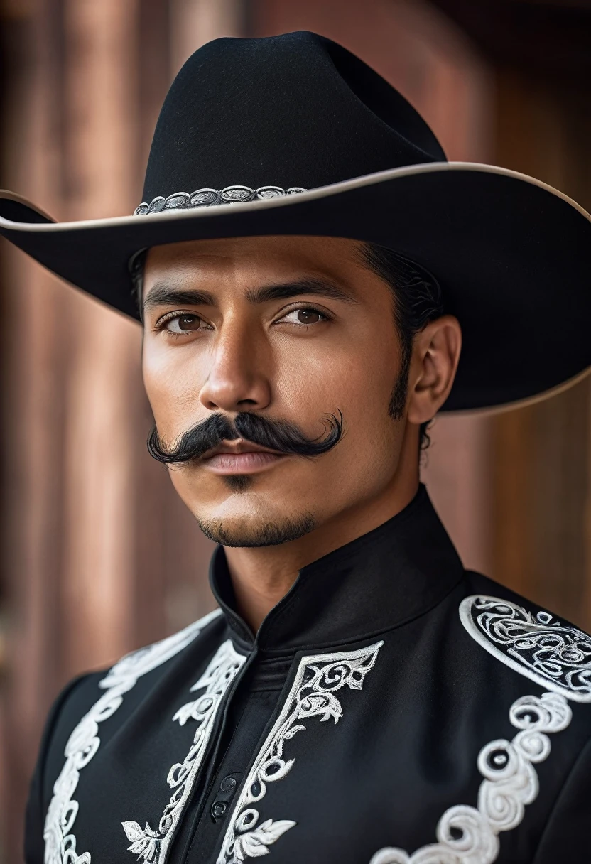 1 man, tan skin, black hair, tapered slick back hairstyle, black mariachi outfit with white color accents, curly handlebar mustache, black cowboy hat, extremely detailed face and eyes, highly detailed, portrait, photo-realistic, hyperrealistic, dramatic lighting, cinematic, epic, masterpiece