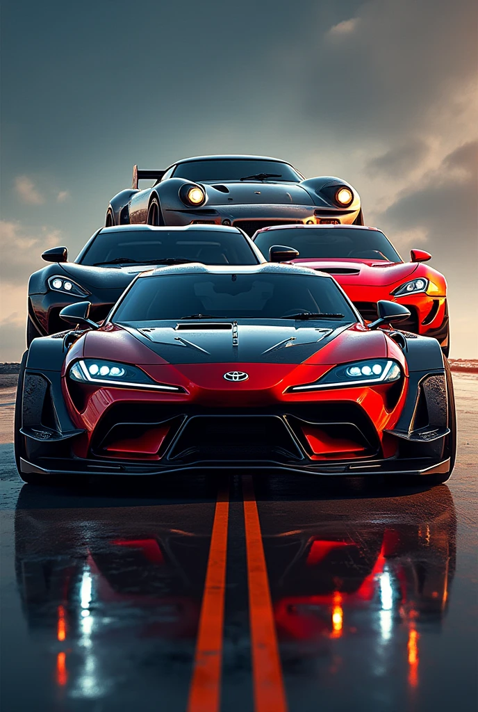 Images of a Toyota Supra mk4, porche 911 gt3 rs, the only Doogee charging srt hellcat, Kawasaki ninja h2r and a BMW s1000r combined