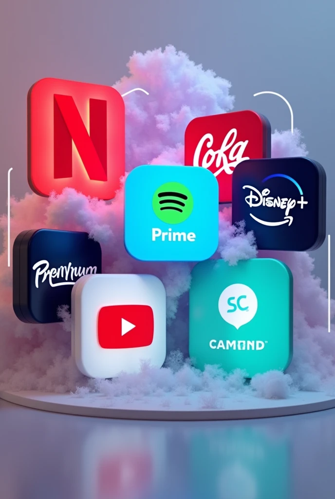 Crea una imagen con el logo de Netflix, Max, Disney plus, Amazon prime, Crunchyroll, YouTube premium Spotify premium y Canva pro